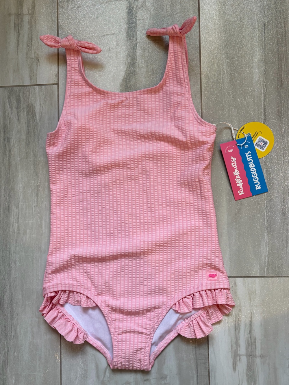 NWT RuffleButts Pink Seersucker Tie Strap Tank One-Piece Swimsuit girls 6